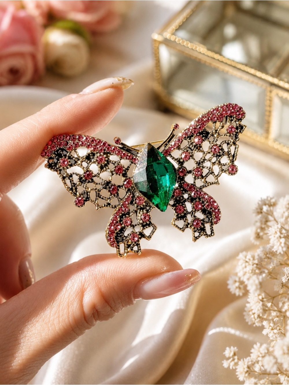 Crystal Butterfly Brooch Pin | Green Pink Crystal Statement Jewelry